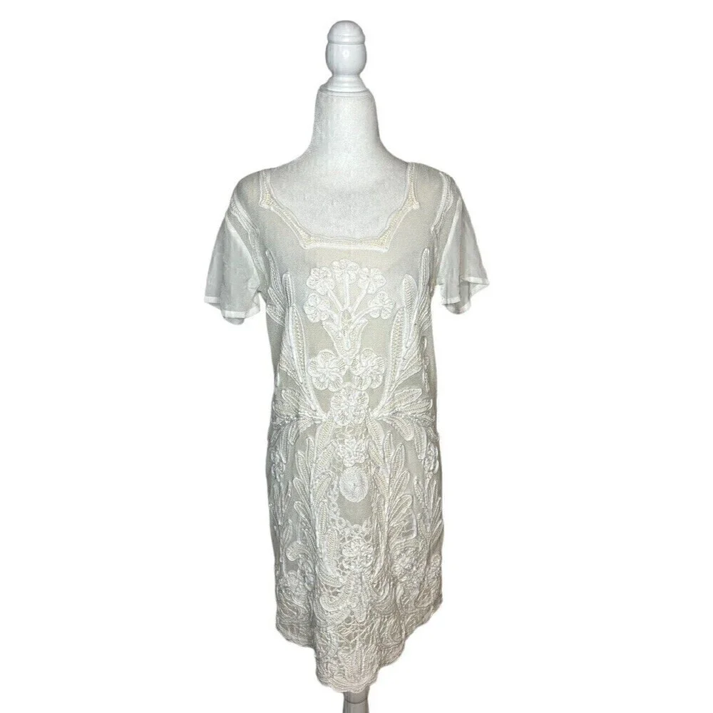 Yoana Baraschi White Floral Embroidered Lace Dress Anthropologie Extra Small